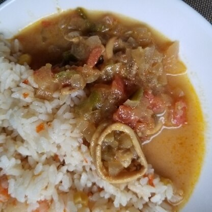 イカカレーの作り方だけ参考にしました。 

食べて1番にトマトの味を感じますね。
ご飯がすすみました。
イカの処理が不慣れで1番時間がかかったかも。(笑)